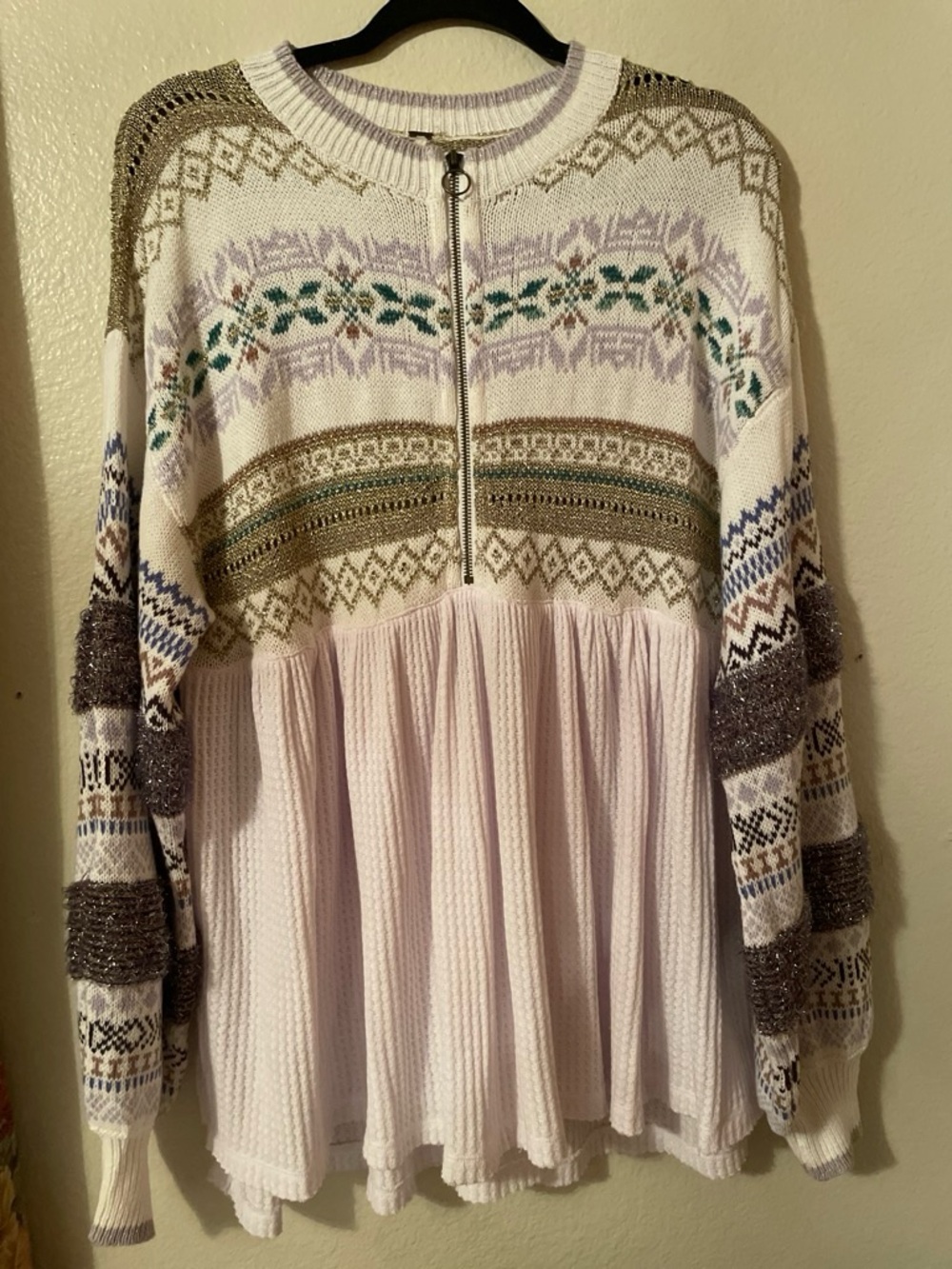 Free People Lavender and Green Fair Isle Zip-Pullover Sweater